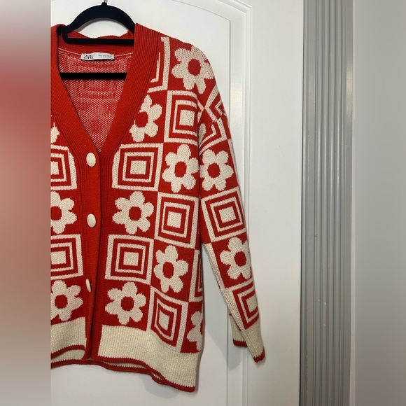 Zara Orange Jacquard Floral Geometric Chunky Knit Sweater Size S retro cozy 70s - Picture 7 of 13